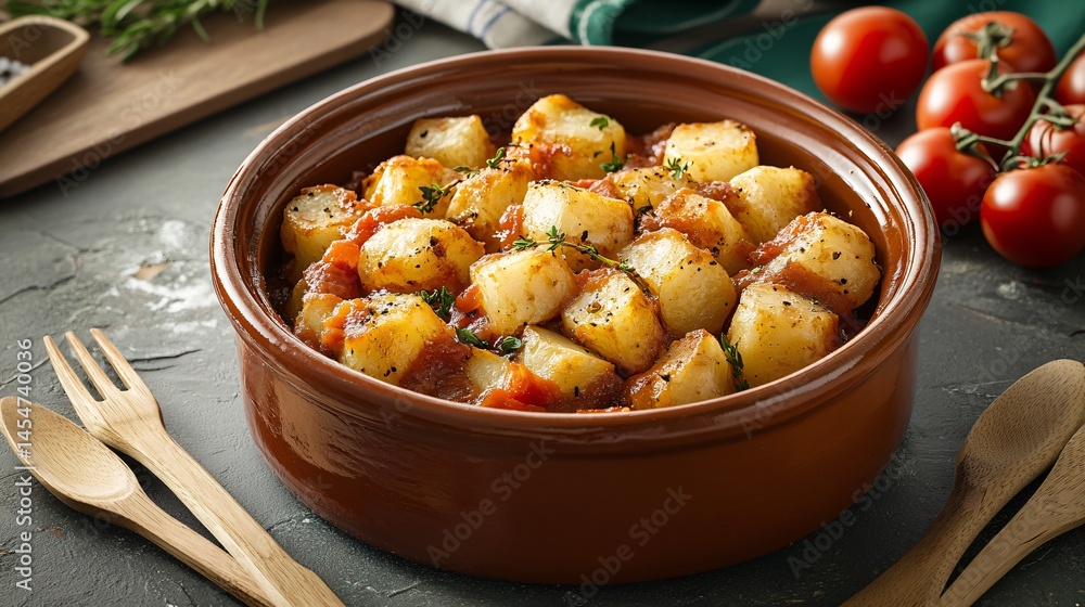 Gourmet-style Patatas Bravas in a terracotta bowl with a rich, glossy sauce, surrounded by cherry tomatoes and wooden utensils