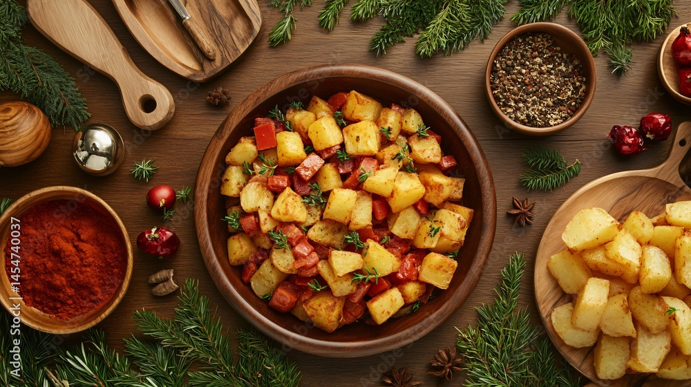 Festive presentation of Patatas Bravas with party decor, surrounded by bowls of spices and wooden cooking tools