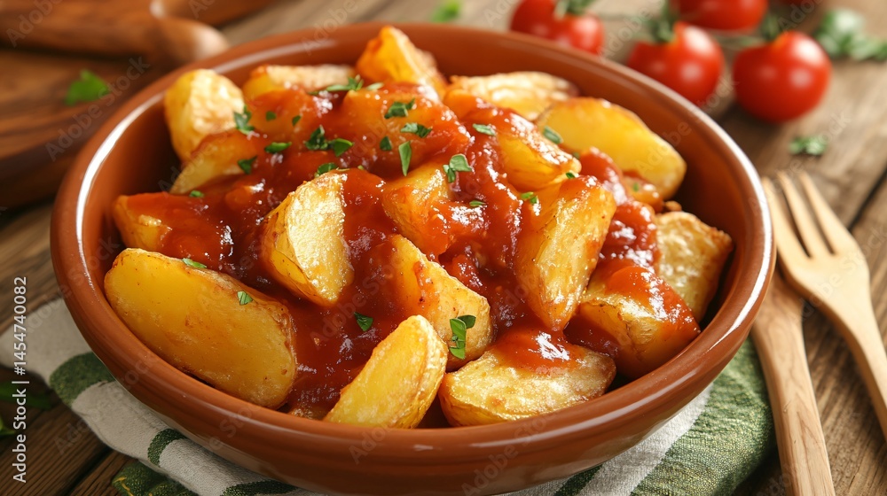 Gourmet-style Patatas Bravas in a terracotta bowl with a rich, glossy sauce, surrounded by cherry tomatoes and wooden utensils