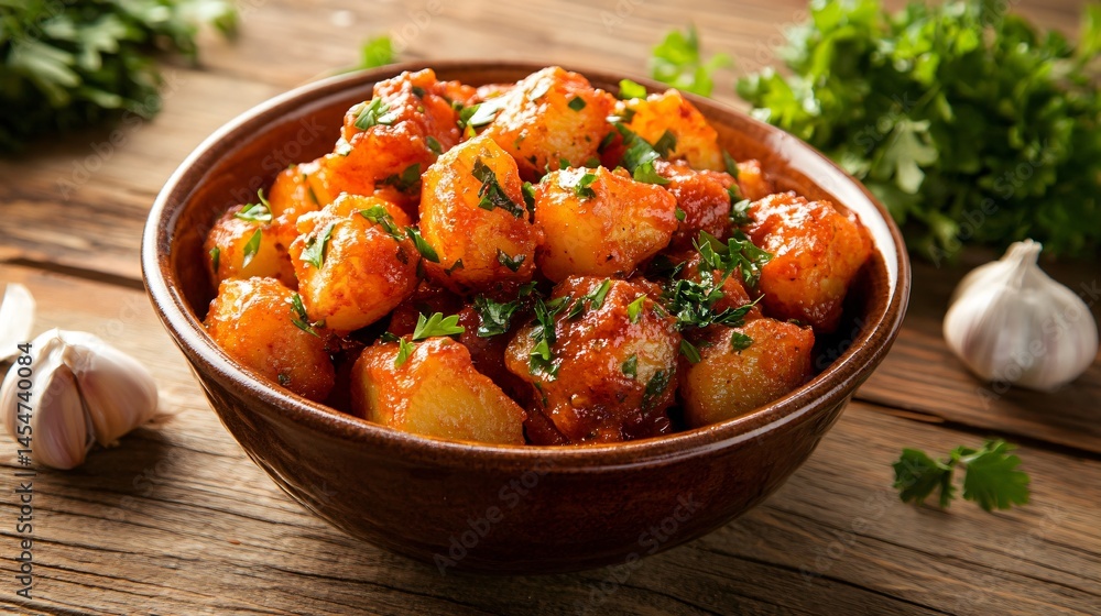 Gourmet-style Patatas Bravas served in a rustic ceramic bowl, surrounded by garlic cloves, smoked paprika, and parsley, on a wooden table