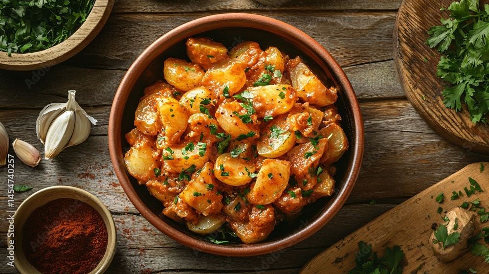 Gourmet-style Patatas Bravas served in a rustic ceramic bowl, surrounded by garlic cloves, smoked paprika, and parsley, on a wooden table
