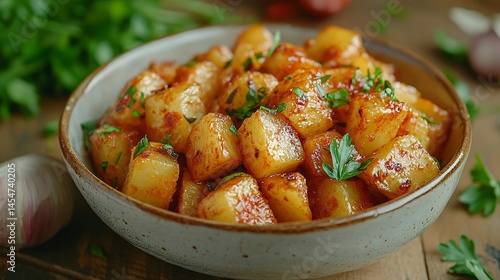 Gourmet-style Patatas Bravas served in a rustic ceramic bowl, surrounded by garlic cloves, smoked paprika, and parsley, on a wooden table