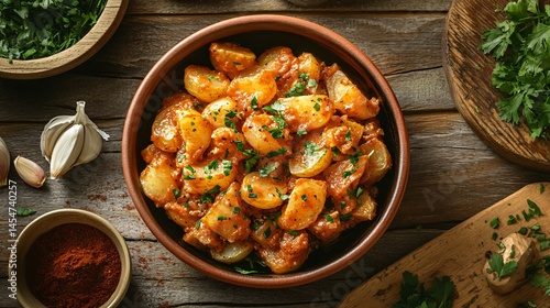 Obraz na płótnie Gourmet-style Patatas Bravas served in a rustic ceramic bowl, surrounded by garlic cloves, smoked paprika, and parsley, on a wooden table w salonie