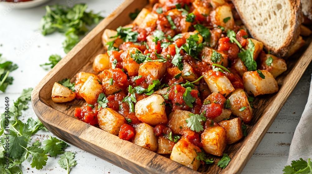 Light wooden tray filled with Patatas Bravas, sauce drizzling down sides, surrounded by fresh cilantro and rustic bread