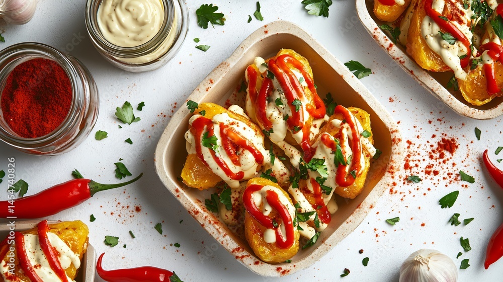 Minimalist gourmet shot of Patatas Bravas with aioli swirl, surrounded by whole red chilies, garlic bulbs, and paprika jars