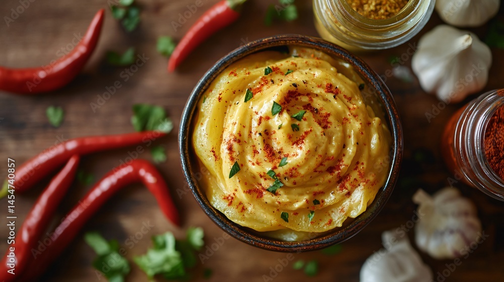 Minimalist gourmet shot of Patatas Bravas with aioli swirl, surrounded by whole red chilies, garlic bulbs, and paprika jars