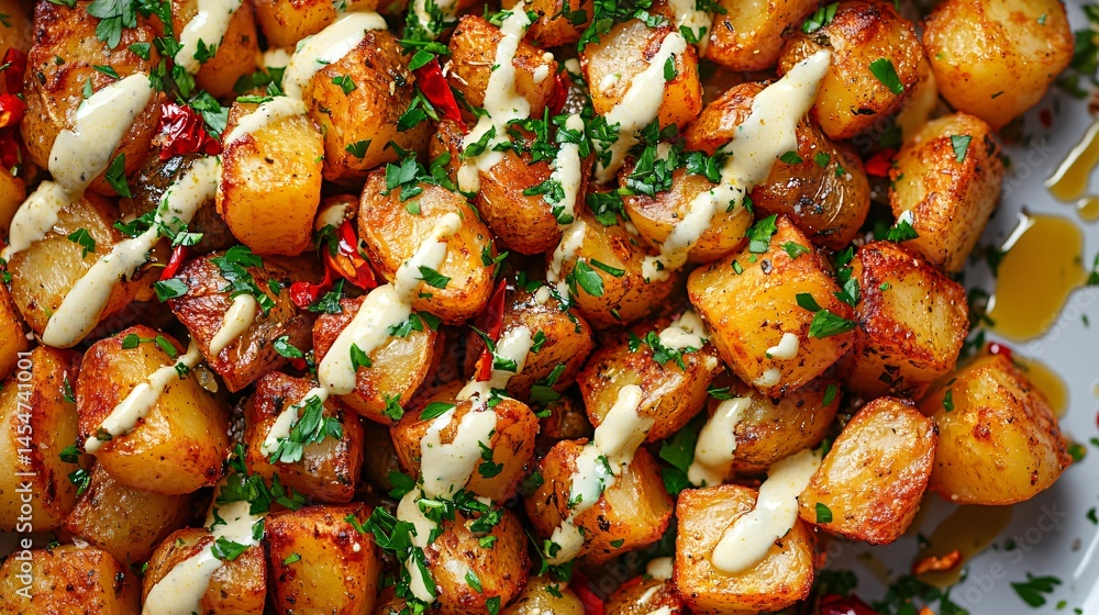 Overhead view of Patatas Bravas garnished with parsley, surrounded by peeled garlic, chili slices, and oil drips