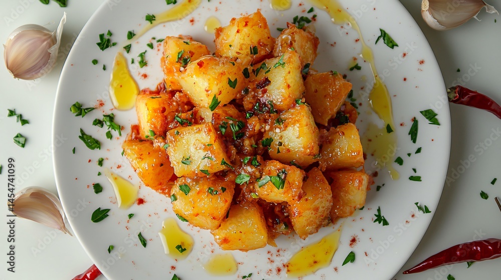 Overhead view of Patatas Bravas garnished with parsley, surrounded by peeled garlic, chili slices, and oil drips