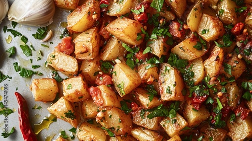Overhead view of Patatas Bravas garnished with parsley, surrounded by peeled garlic, chili slices, and oil drips