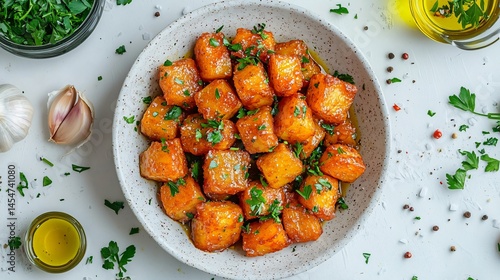 Overhead view of Patatas Bravas garnished with parsley, surrounded by peeled garlic, chili slices, and oil drips