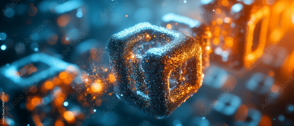 Fototapeta premium Abstract glowing cubes shimmer with particles, creating interconnected network, suggesting digital art futuristic design.