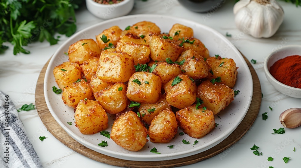 Patatas Bravas being garnished with fresh parsley, ingredients like paprika and garlic positioned around the plate