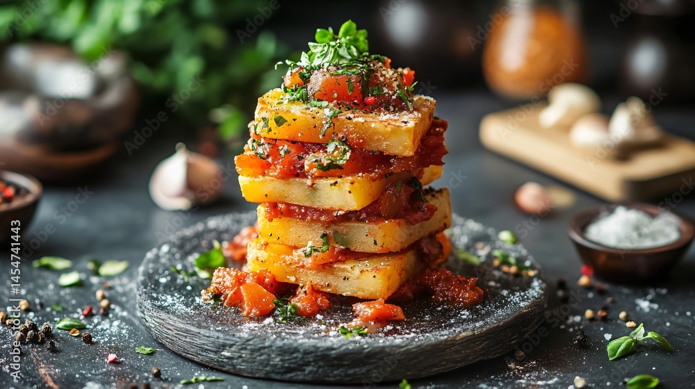 Patatas Bravas in a gourmet stack formation, surrounded by ingredients in tiny bowls and decorative culinary elements
