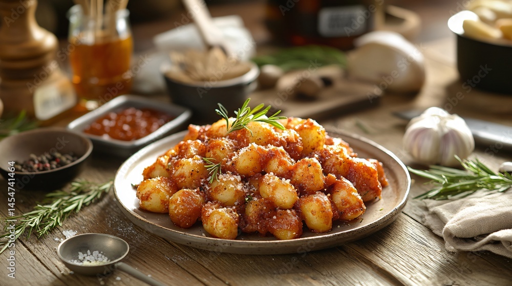 Patatas Bravas plated like gourmet hors d’oeuvres, surrounded by cooking tools and ingredients on a rustic table
