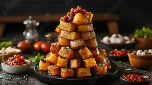 Obraz na płótnie Patatas Bravas in a gourmet stack formation, surrounded by ingredients in tiny bowls and decorative culinary elements w salonie