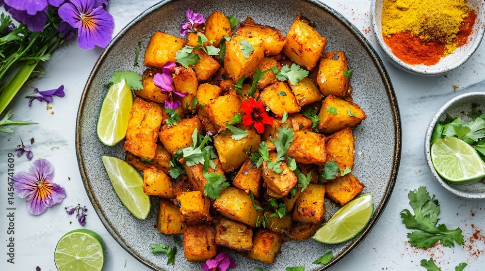 Patatas Bravas plated with modern flair, surrounded by ingredients like smoked paprika, lime wedges, and edible flowers