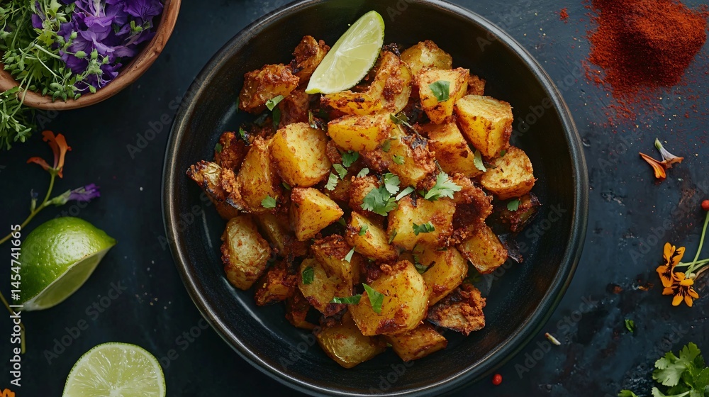Patatas Bravas plated with modern flair, surrounded by ingredients like smoked paprika, lime wedges, and edible flowers