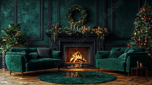 Luxurious emerald green Christmas living room with fireplace and decorative accents