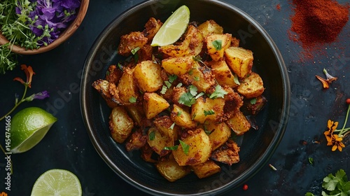 Obraz na płótnie Patatas Bravas plated with modern flair, surrounded by ingredients like smoked paprika, lime wedges, and edible flowers w salonie