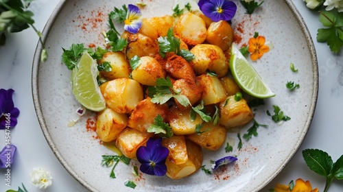 Patatas Bravas plated with modern flair, surrounded by ingredients like smoked paprika, lime wedges, and edible flowers