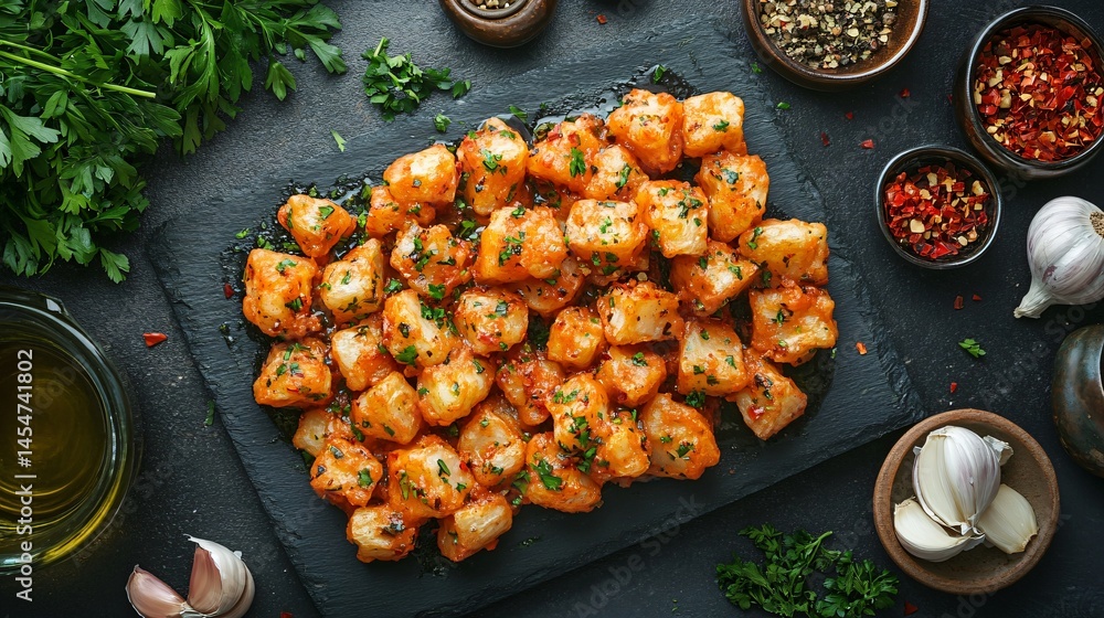 Patatas Bravas presented on slate platter, surrounded by Spanish ingredients like garlic, olive oil, parsley, and red chili