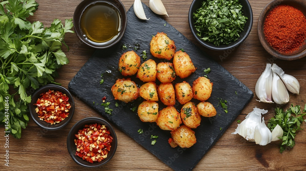 Patatas Bravas presented on slate platter, surrounded by Spanish ingredients like garlic, olive oil, parsley, and red chili