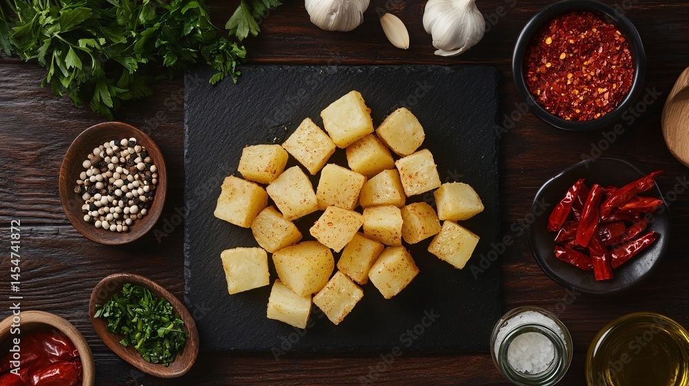 Patatas Bravas presented on slate platter, surrounded by Spanish ingredients like garlic, olive oil, parsley, and red chili