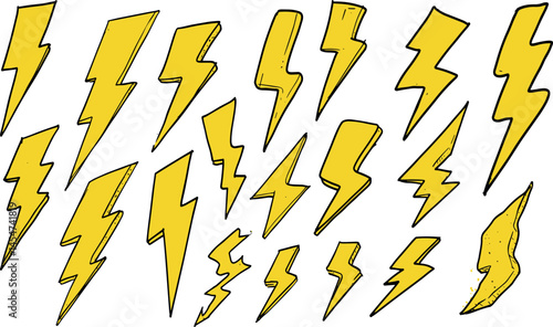 Thunder lightning. Bolt doodle icon. Hand drawn energy flash lightening.