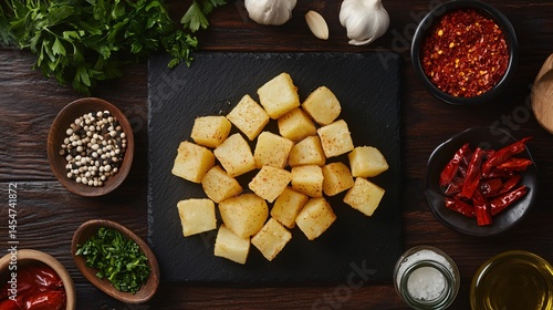 Obraz na płótnie Patatas Bravas presented on slate platter, surrounded by Spanish ingredients like garlic, olive oil, parsley, and red chili w salonie