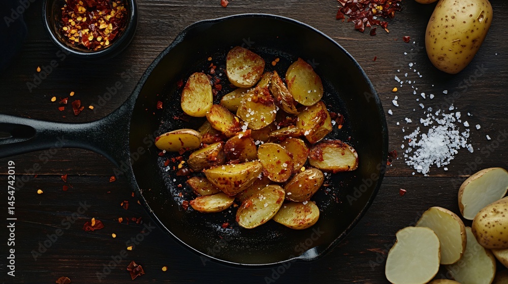 Patatas Bravas served in a cast iron skillet, surrounded by raw potato slices, chili flakes, and sea salt on a dark wooden surface