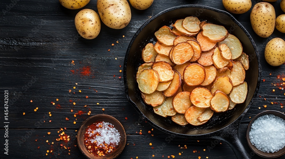 Patatas Bravas served in a cast iron skillet, surrounded by raw potato slices, chili flakes, and sea salt on a dark wooden surface