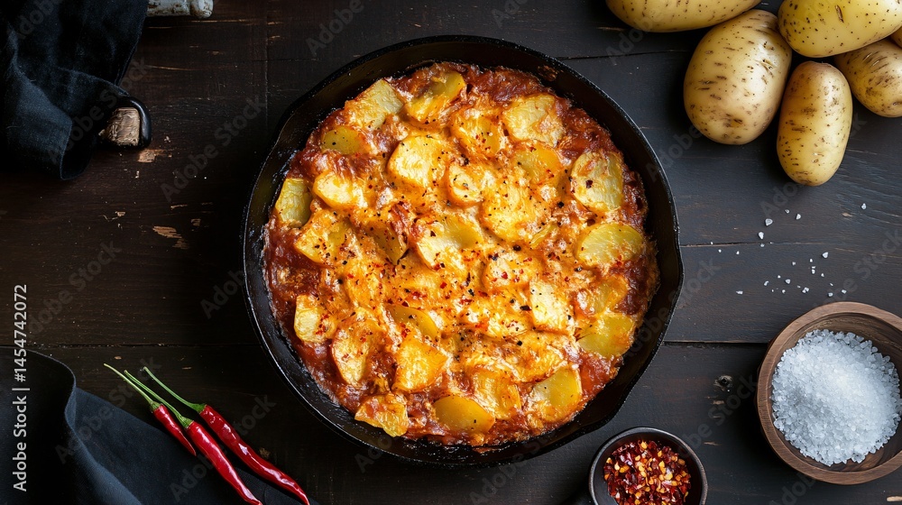 Patatas Bravas served in a cast iron skillet, surrounded by raw potato slices, chili flakes, and sea salt on a dark wooden surface