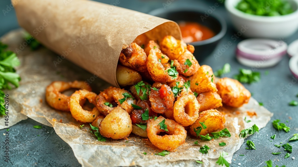 Patatas Bravas served in a paper cone with herbs and sauce, surrounded by peeled potatoes, onion rings, and chopped parsley