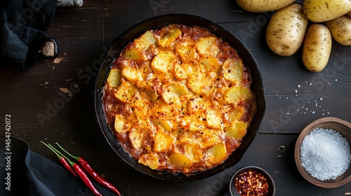 Patatas Bravas served in a cast iron skillet, surrounded by raw potato slices, chili flakes, and sea salt on a dark wooden surface
