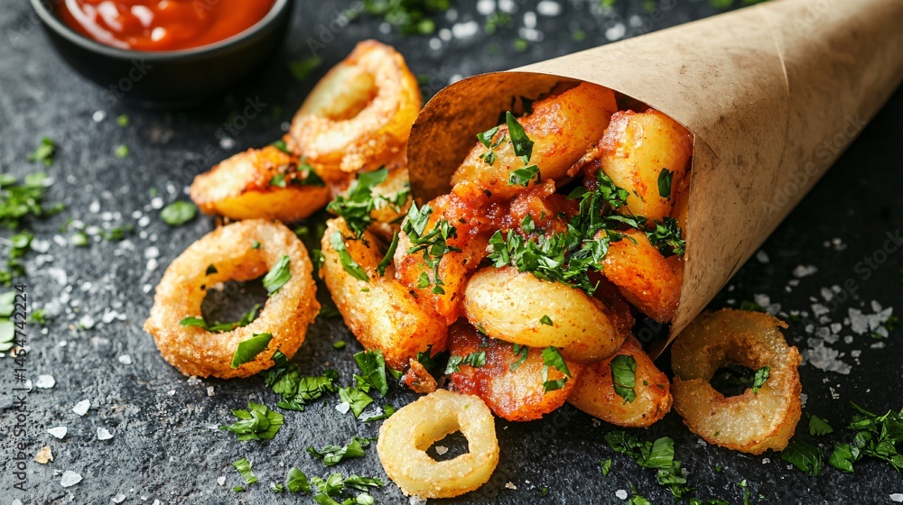 Patatas Bravas served in a paper cone with herbs and sauce, surrounded by peeled potatoes, onion rings, and chopped parsley