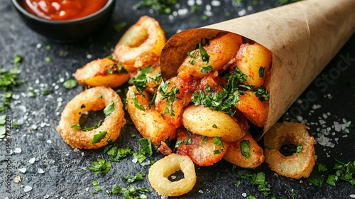 Obraz na płótnie Patatas Bravas served in a paper cone with herbs and sauce, surrounded by peeled potatoes, onion rings, and chopped parsley w salonie