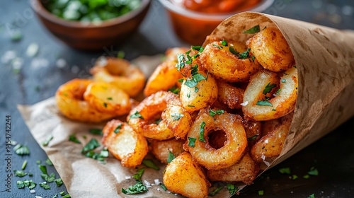 Obraz na płótnie Patatas Bravas served in a paper cone with herbs and sauce, surrounded by peeled potatoes, onion rings, and chopped parsley w salonie