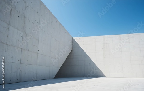 Modern concrete building with blue sky creating sharp shadows, Massive white concrete wall intersecting at sharp angles under a clear blue sky
