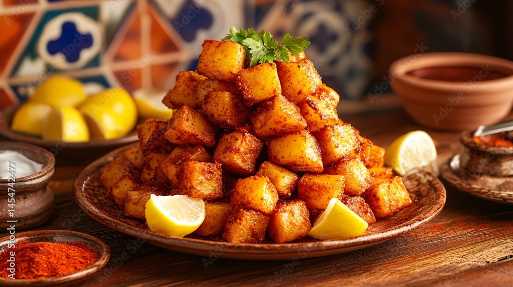 Patatas Bravas towered neatly on a rustic ceramic plate, surrounded by rustic Spanish tiles and ingredients like paprika and lemon wedges