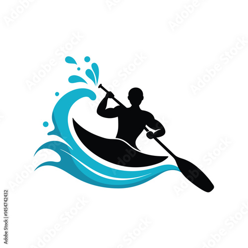 Kayaker Paddling Through Whitewater Rapids Silhouette Vector Image on White Background