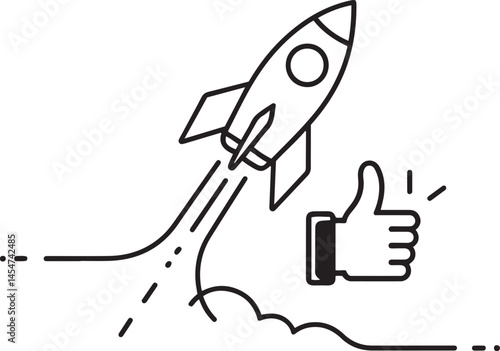 A vector illustration of a thin linear rocket launching into the sky with black lines on a white background