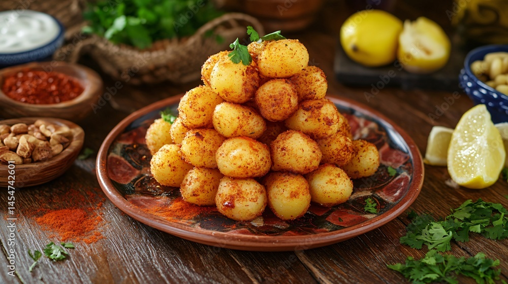 Patatas Bravas towered neatly on a rustic ceramic plate, surrounded by rustic Spanish tiles and ingredients like paprika and lemon wedges