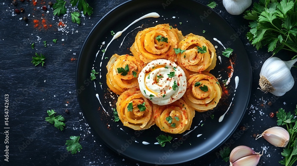 Patatas Bravas with brava and aioli swirl on black plate, surrounded by garlic heads, chili powder, and parsley