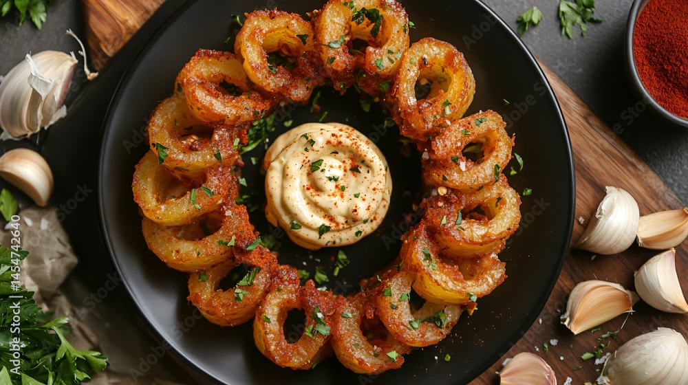 Patatas Bravas with brava and aioli swirl on black plate, surrounded by garlic heads, chili powder, and parsley