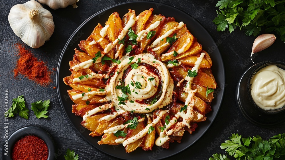 Patatas Bravas with brava and aioli swirl on black plate, surrounded by garlic heads, chili powder, and parsley