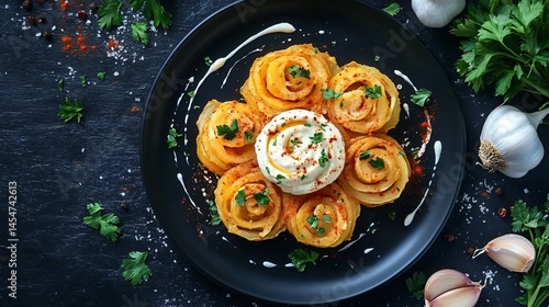 Obraz na płótnie Patatas Bravas with brava and aioli swirl on black plate, surrounded by garlic heads, chili powder, and parsley w salonie