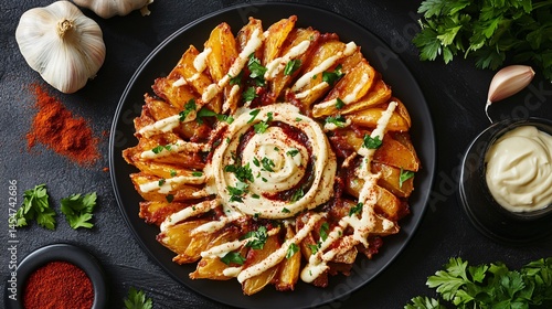 Obraz na płótnie Patatas Bravas with brava and aioli swirl on black plate, surrounded by garlic heads, chili powder, and parsley w salonie