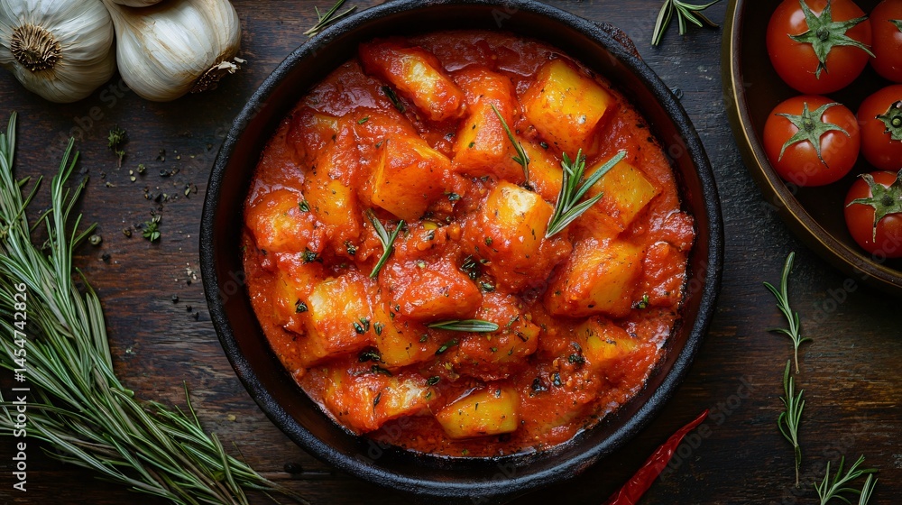 Patatas Bravas with vibrant red-orange sauce, surrounded by garlic peels, roasted tomatoes, and rosemary