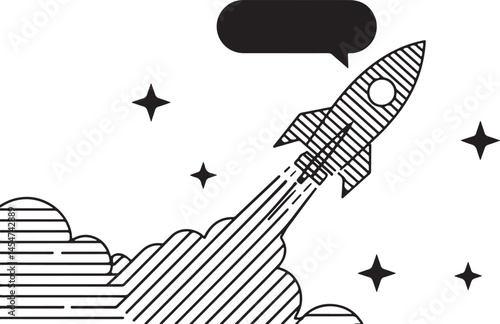 A vector illustration of a thin linear rocket launching into the sky with black lines on a white background