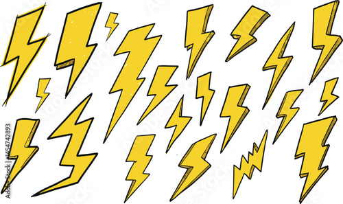 Thunder lightning. Bolt doodle icon. Hand drawn energy flash lightening.